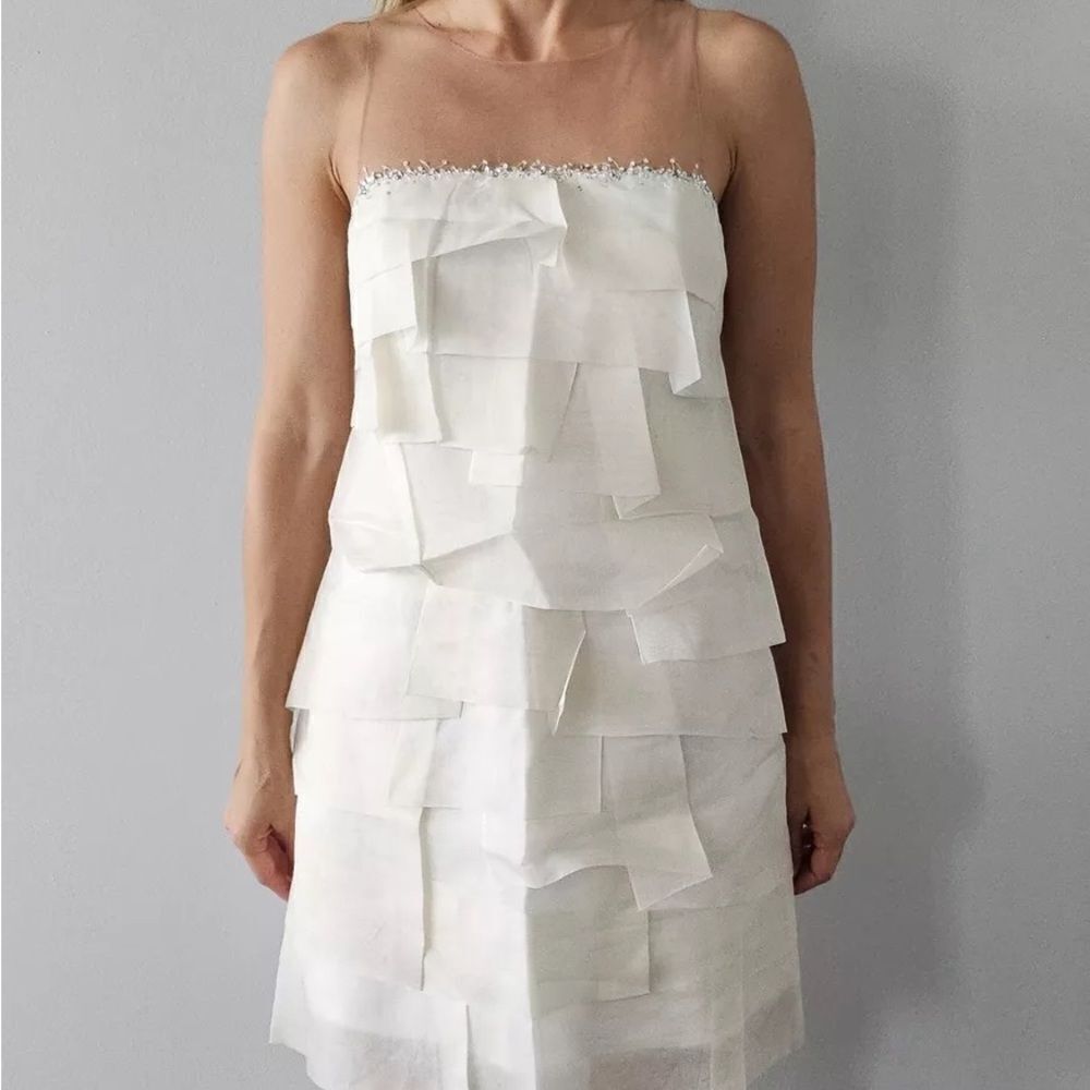 NWT BCBGMaxazria 8 Off White Woven Silk Dress Layered - Picture 11 of 11